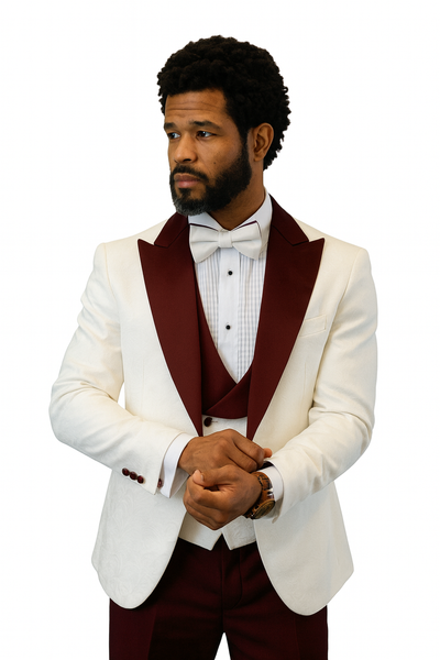 Hilton White and Burgundy Paisley Peak Lapel Tuxedo Jacket with Matching Shawl Vest and Wool Pants – Includes Bow Tie 9   - from alligatorwarehouse.com