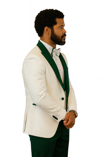 Hilton White and Hunter Green Paisley Peak Lapel Tuxedo Jacket with Matching Shawl Vest and Wool Pants – Includes Bow Tie 8   - from alligatorwarehouse.com