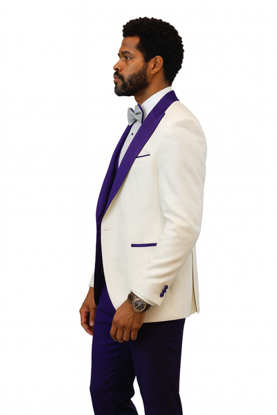 Hilton White and Purple Paisley Peak Lapel Tuxedo Jacket with Matching Shawl Vest and Wool Pants – Includes Bow Tie 9   - from alligatorwarehouse.com