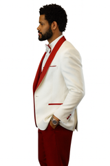 Hilton White and Red Paisley Peak Lapel Tuxedo Jacket with Matching Shawl Vest and Wool Pants – Includes Bow Tie