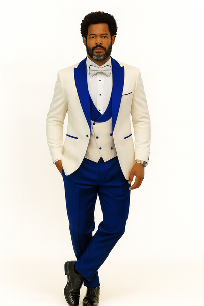 Hilton White and Royal Blue Paisley Peak Lapel Tuxedo Jacket with Matching Shawl Vest and Wool Pants – Includes Bow Tie 2   - from alligatorwarehouse.com