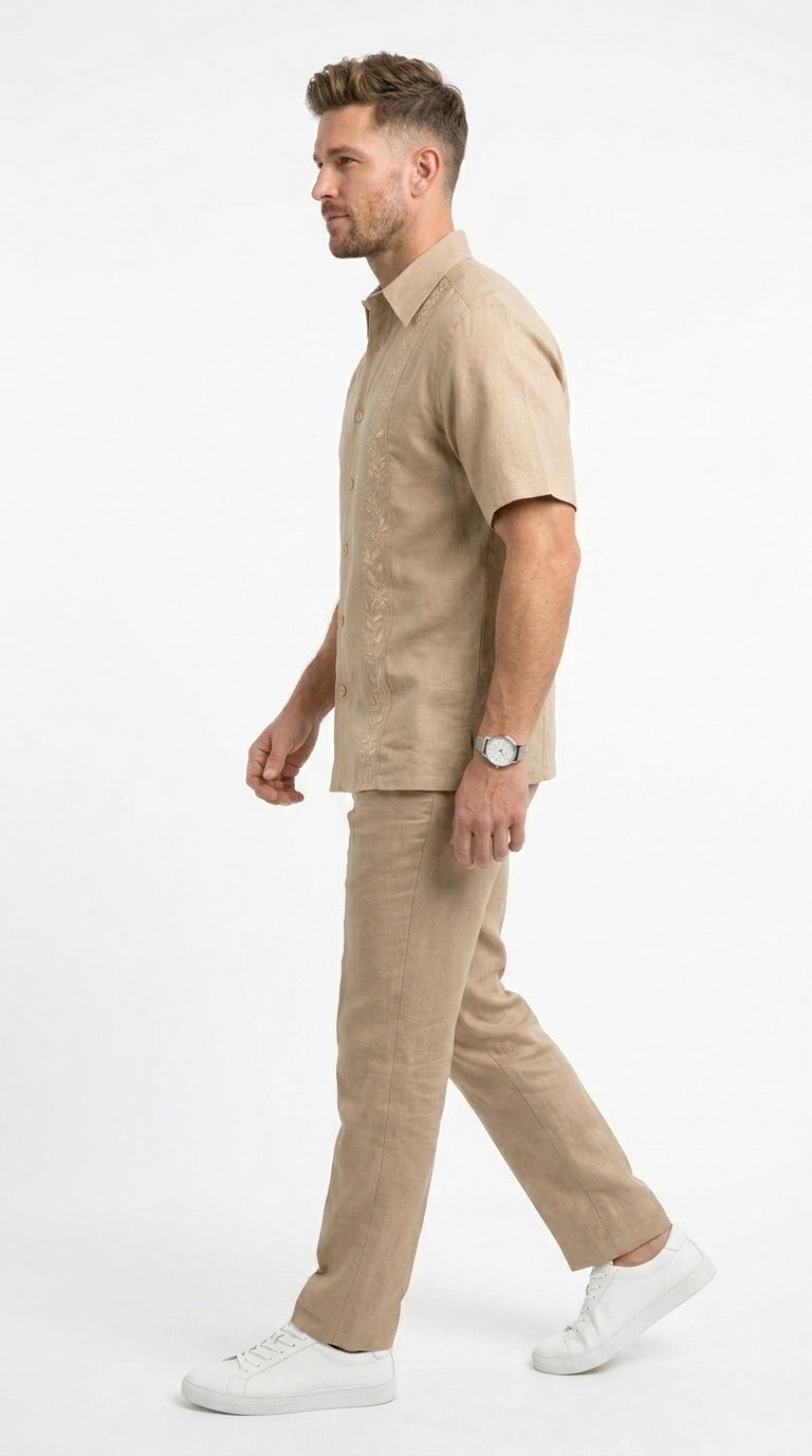 Men’s Sand Beige Embroidered 2 Piece Walking Suit with Short Sleeve Shirt and Matching Pants