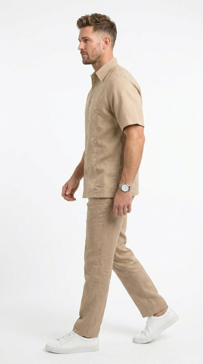 Men’s Sand Beige Embroidered 2 Piece Walking Suit with Short Sleeve Shirt and Matching Pants