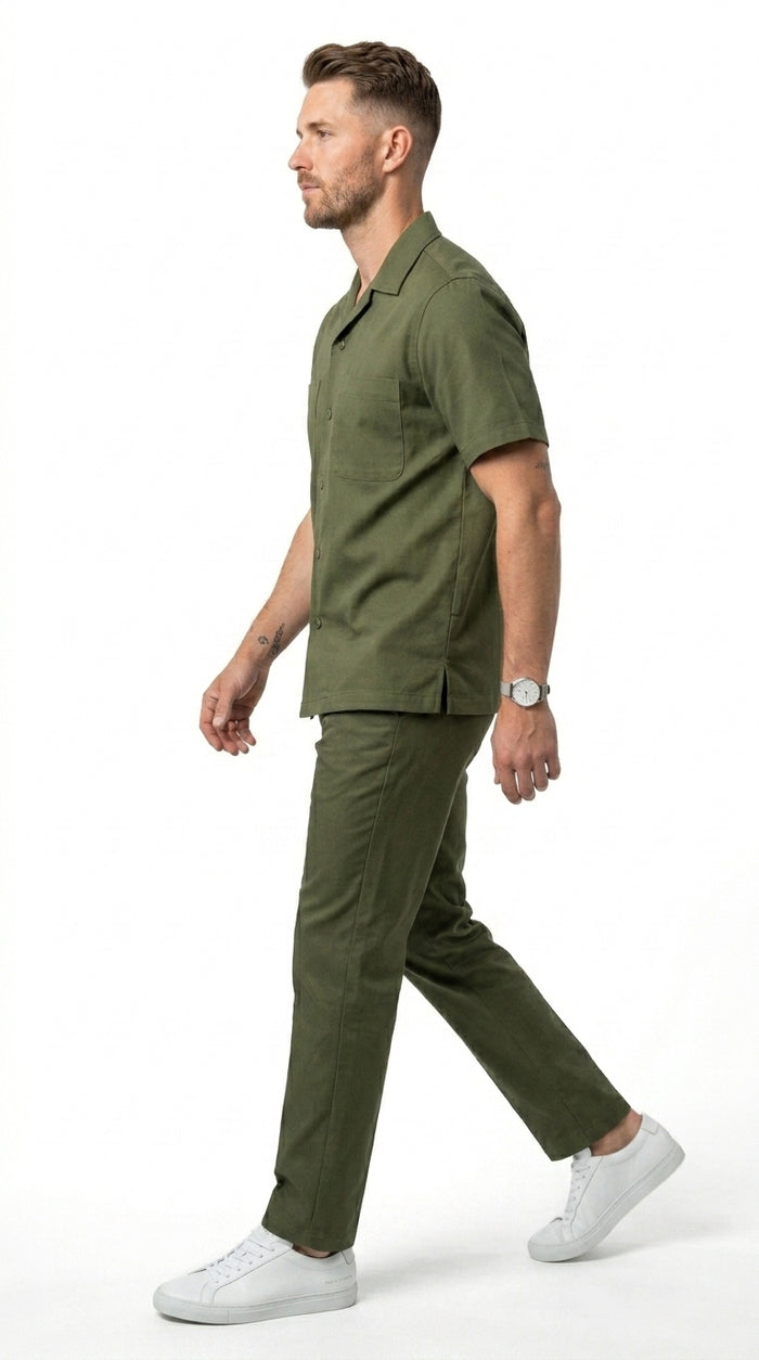 Men’s Olive Short Sleeve Walking Suit with Button Front Shirt and Matching Pants