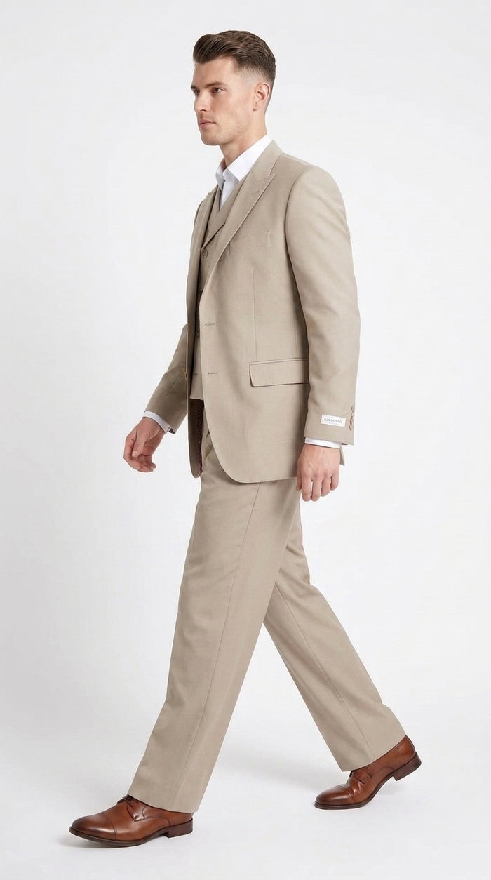 Tiglio Rosso Men’s Tan 3-Piece Italian Wool Suit – Classic Fit Peak Lapel Suit with Double-Breasted Vest and Pleated Wide-Leg Pants