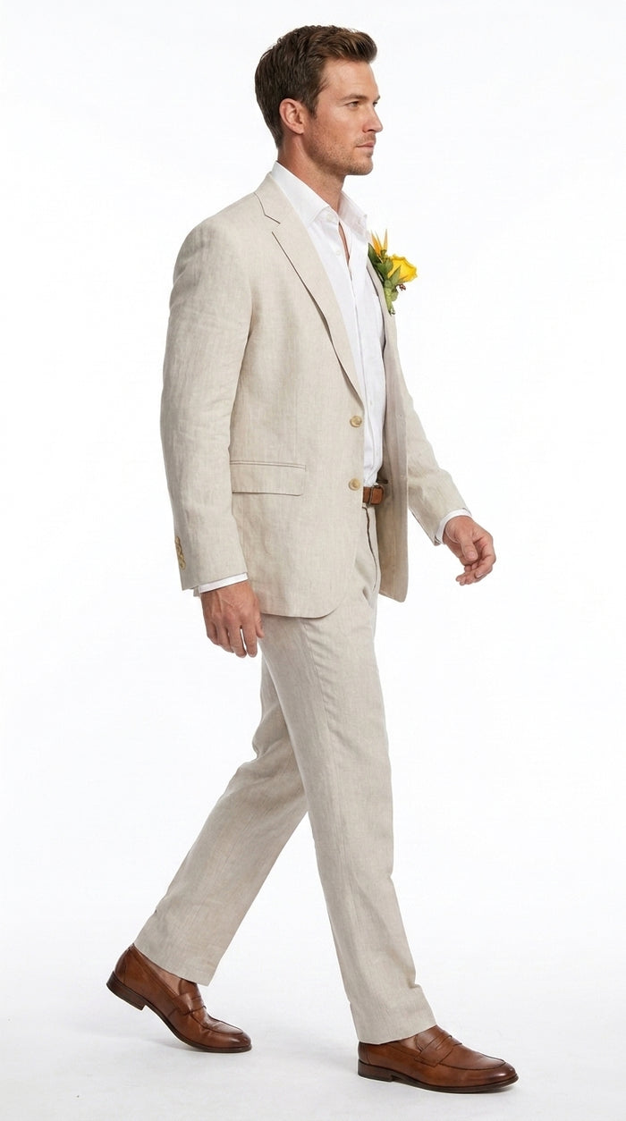 Men’s Natural Sand Linen Suit – Light Tan 2-Piece Summer Beach Wedding Suit