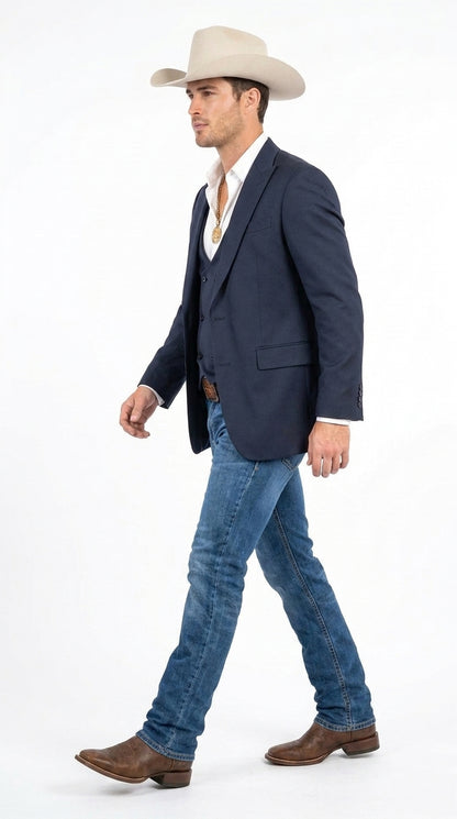 Men’s Navy Western Suit Blazer with Double-Breasted Vest – Modern Cowboy Formal Outfit