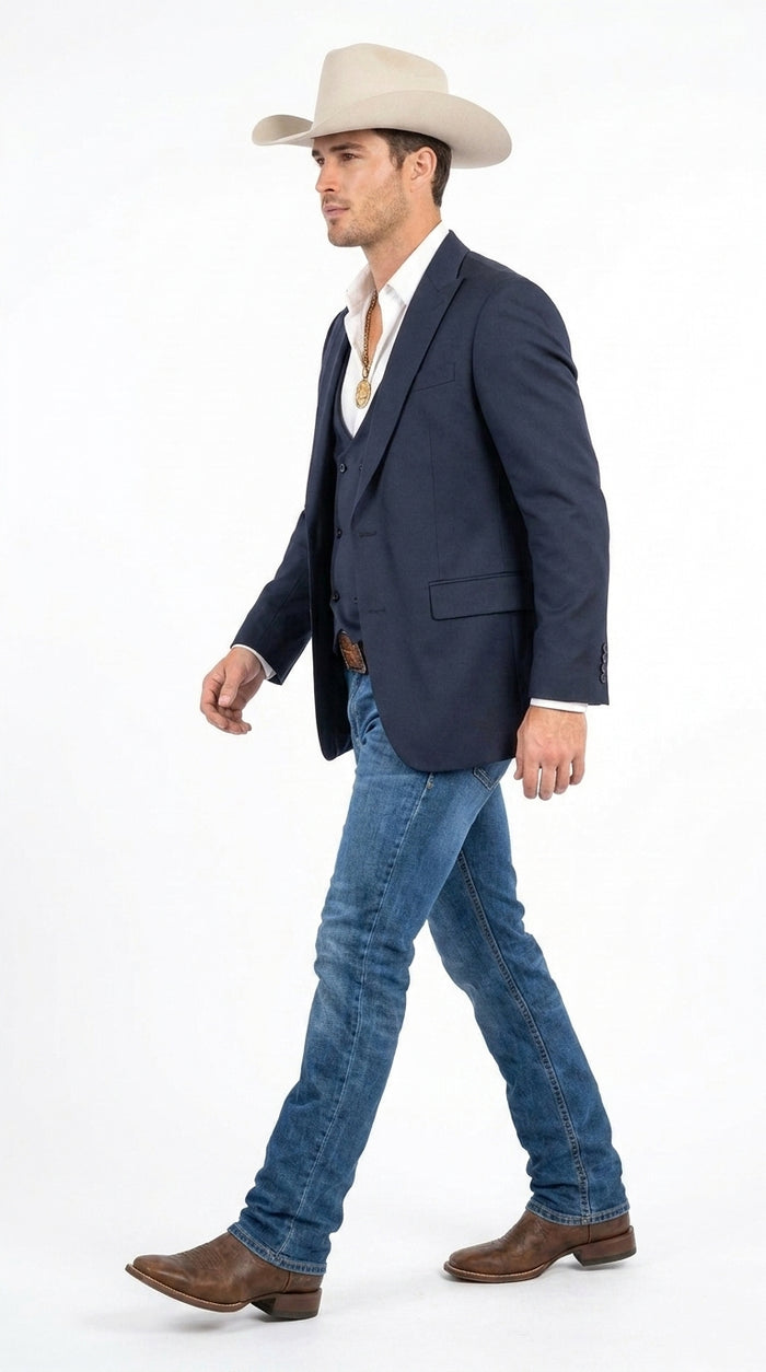 Men’s Navy Western Suit Blazer with Double-Breasted Vest – Modern Cowboy Formal Outfit