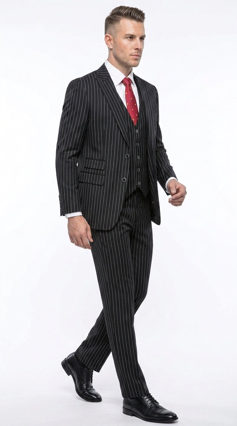 Men’s Black Bold Pinstripe 1920s Suit, Vintage 3 Piece Gangster Suit, Big and Tall Prom Outfit