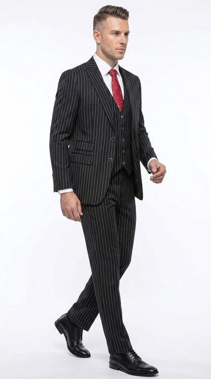 Men’s Black Bold Pinstripe 1920s Suit, Vintage 3 Piece Gangster Suit, Big and Tall Prom Outfit