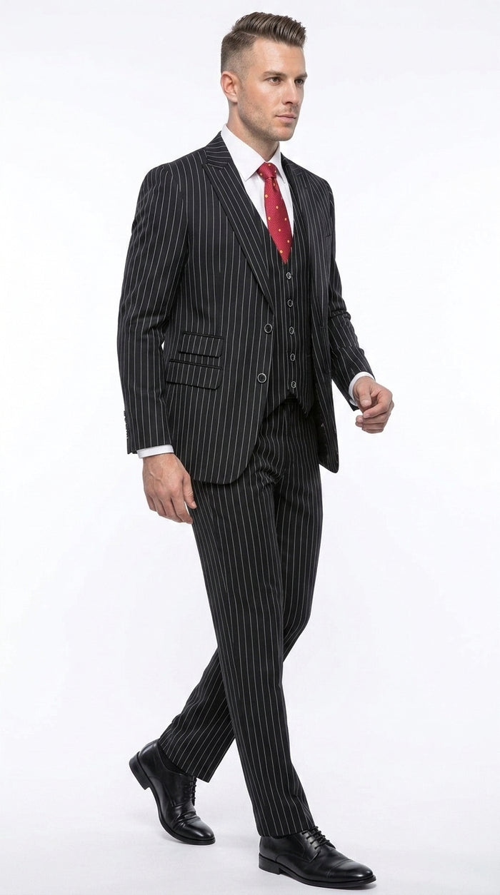 Men’s Black Bold Pinstripe 1920s Suit, Vintage 3 Piece Gangster Suit, Big and Tall Prom Outfit