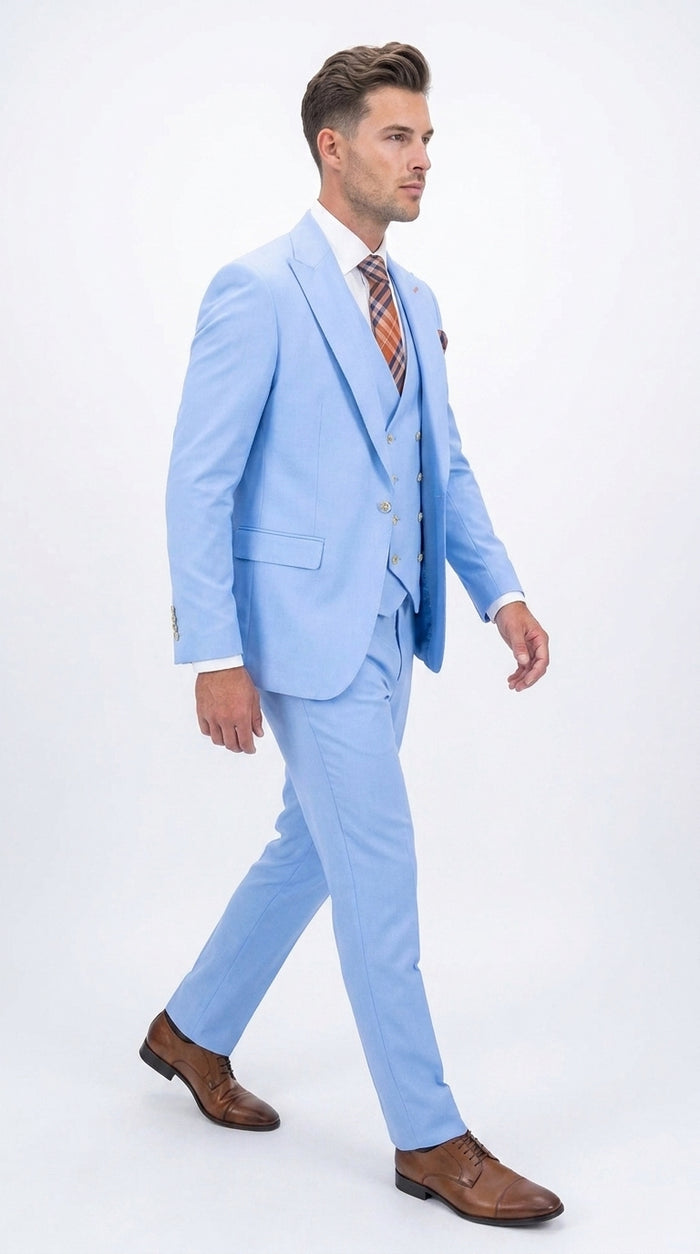 Statement Men’s Light Blue 3 Piece 100% Wool Fashion Suit, Bold Color Formal Wedding Suit