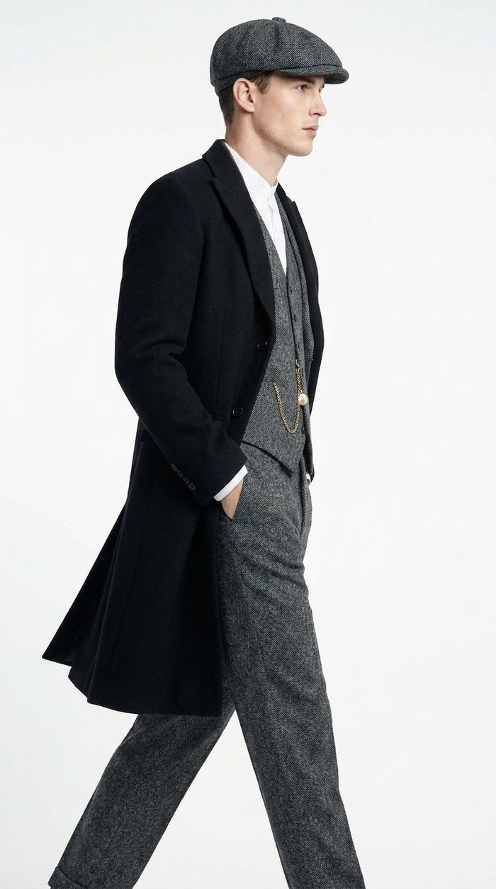 Men’s Grey Peaky Blinders 3 Piece Suit with Black Overcoat and Hat, Thomas Shelby Inspired Costume