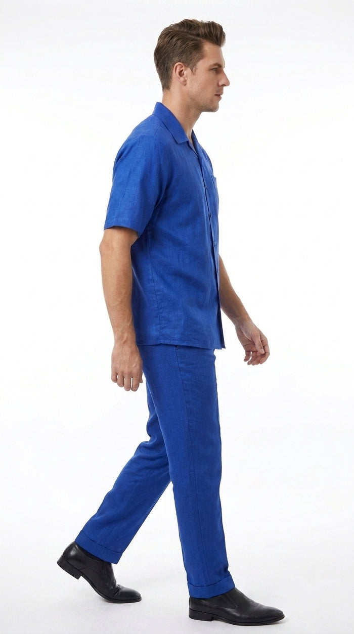 Men’s Royal Blue Linen Shirt and Pants Set, Casual Walking Suit Summer Outfit