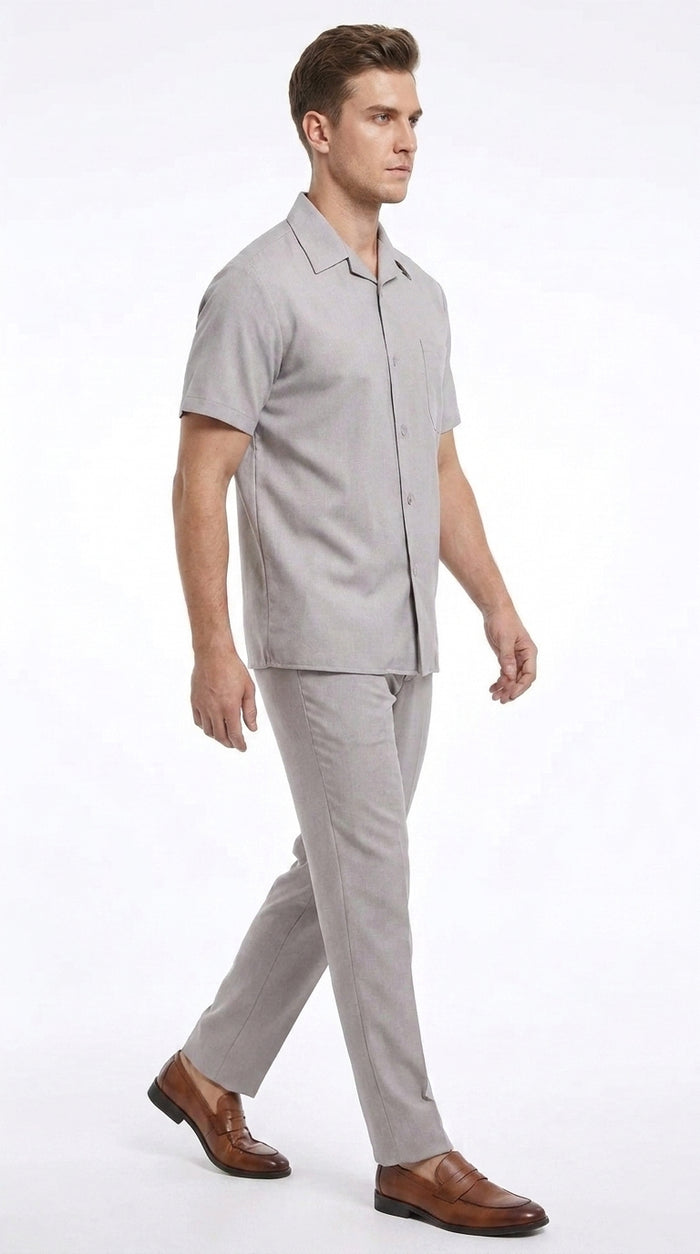 Men’s Light Grey 100% Linen Walking Suit, Short Sleeve Shirt and Pants Casual Leisure Set
