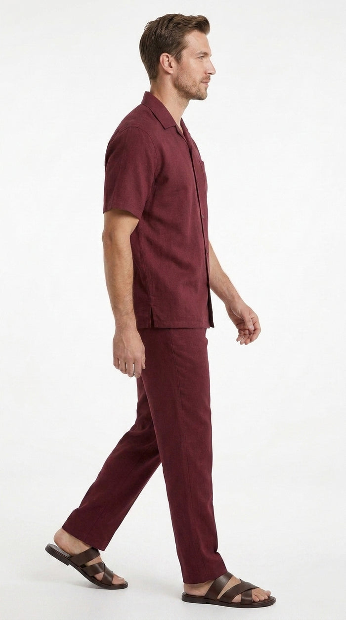 Men’s Burgundy Short Sleeve Walking Suit, Casual Summer Shirt and Pants Leisure Set