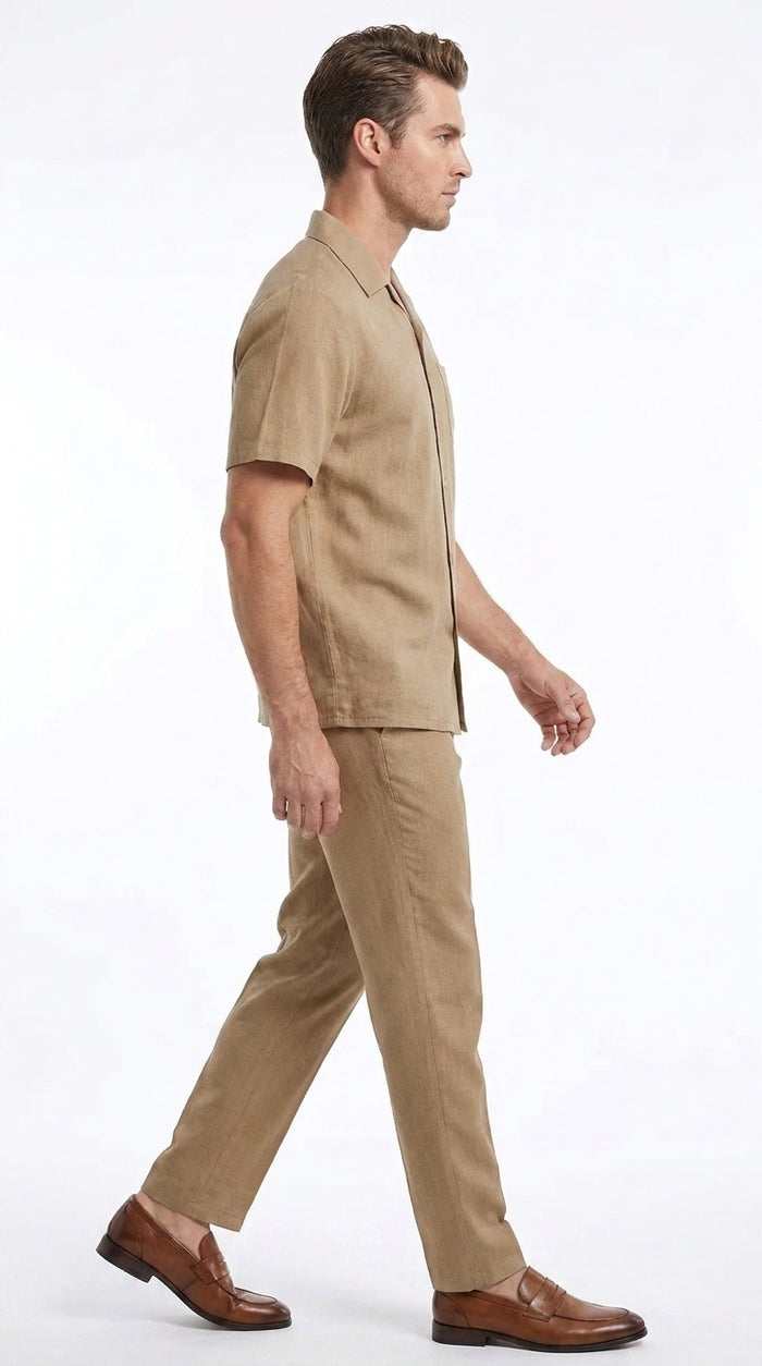 Men’s Tan Short Sleeve Walking Suit Casual Summer Leisure Set 2 Piece Shirt and Pants Outfit