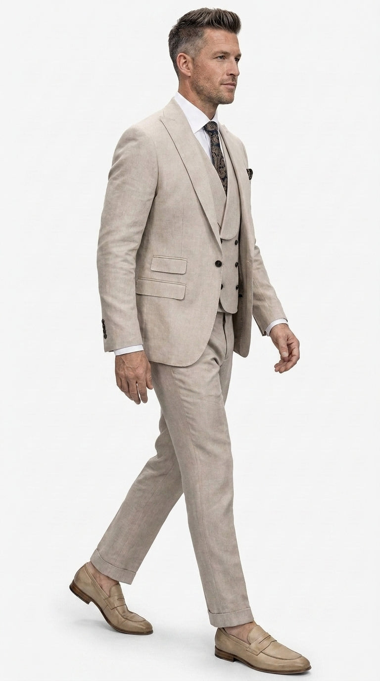 Statement Men’s Tan Wool Suit with Double Breasted Vest, Single Button Big Lapel Formal Dress Suit