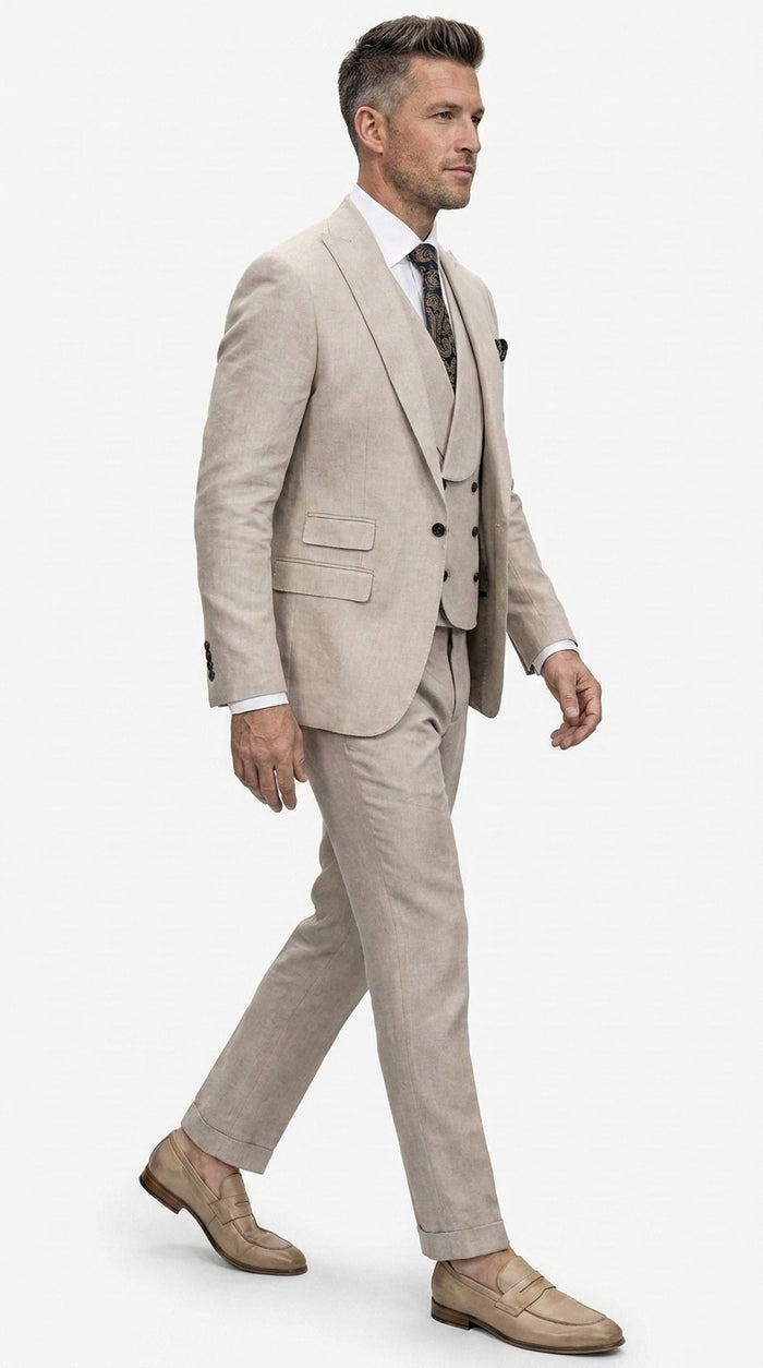 Statement Men’s Tan Wool Suit with Double Breasted Vest, Single Button Big Lapel Formal Dress Suit