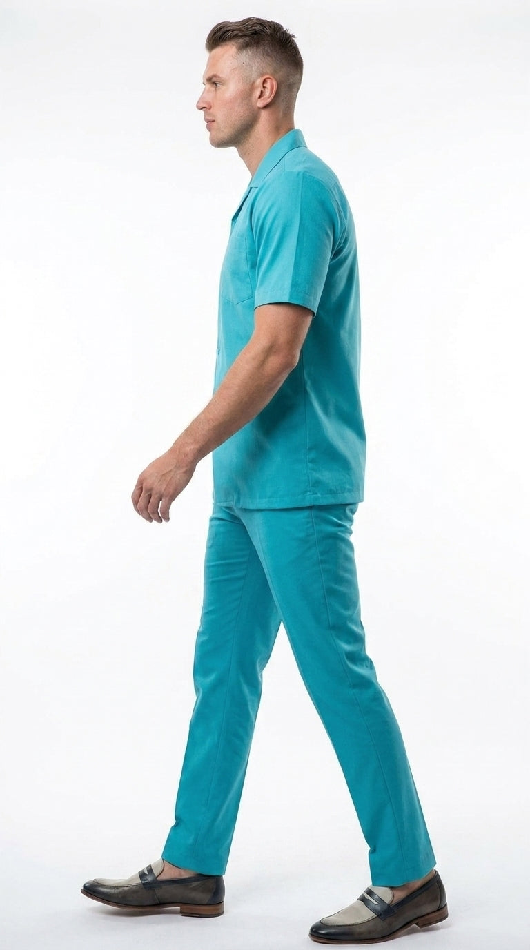 Men’s Turquoise Linen Shirt and Pants Set, Casual Summer Walking Suit Outfit
