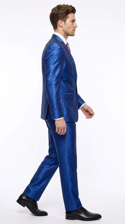 Men’s Royal Blue Shiny Sharkskin Suit, Modern Fit Formal Wedding Prom Dress Suit