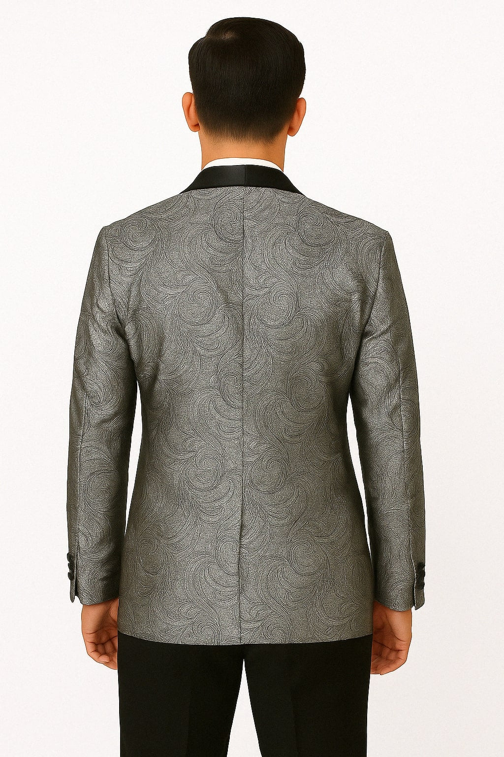 Silver and Black Tuxedo Blazer with Matching Bow Tie - Paisley Sport Coat For Prom or Wedding 2   - from alligatorwarehouse.com