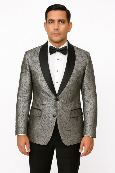 Silver and Black Tuxedo Blazer with Matching Bow Tie - Paisley Sport Coat For Prom or Wedding 1   - from alligatorwarehouse.com