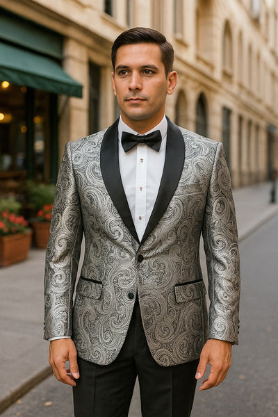 Silver and Black Tuxedo Blazer with Matching Bow Tie - Paisley Sport Coat For Prom or Wedding 4   - from alligatorwarehouse.com