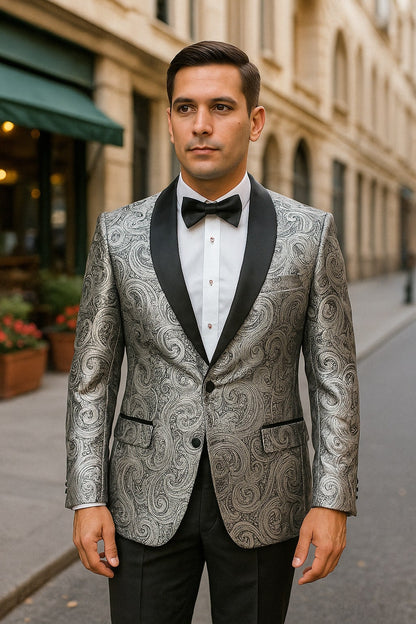 Silver and Black Tuxedo Blazer with Matching Bow Tie - Paisley Sport Coat For Prom or Wedding