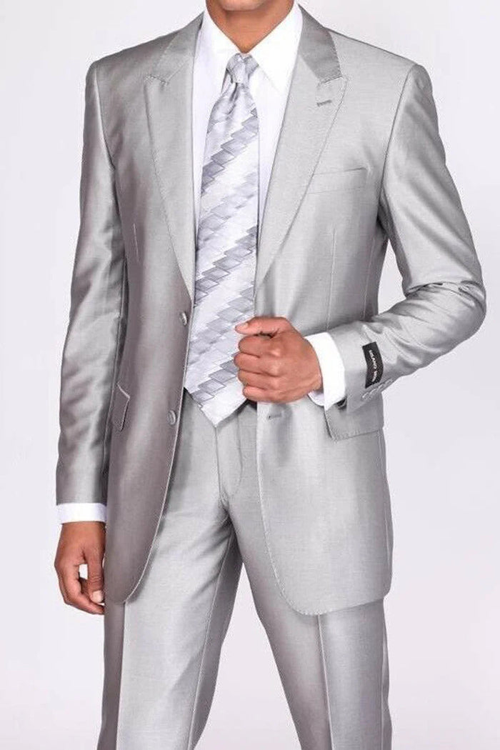 Mens 2 Button Peak Lapel Shiny Sharkskin Flat Front Pants Suit in Silver
