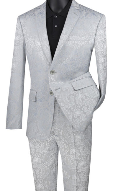 Silver Tone on Tone Paisley Pattern Slim Fit Men's 2 Piece Suit 2 Button 1 SO1S2F-1_SILVER_40R  - from alligatorwarehouse.com