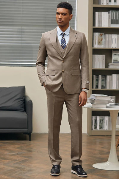 Men's Stacy Adam's Two Button Vested Sharkskin Business Suit in Dark Tan 2 J1-7727  - from alligatorwarehouse.com