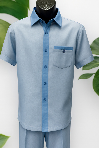 Mens Sky Blue Off White Houndstooth Short Sleeve Walking Suit 1   - from alligatorwarehouse.com