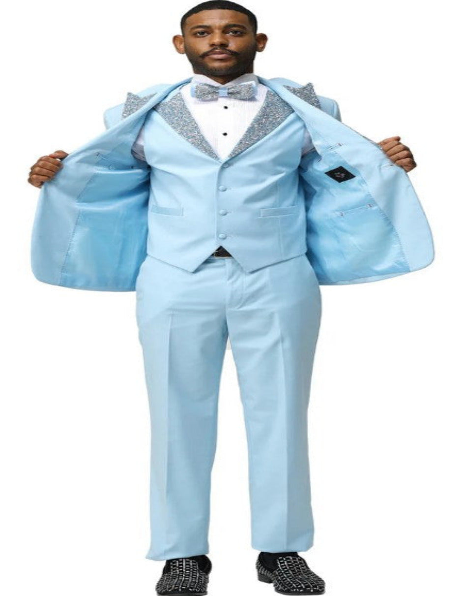 Sky Blue Prom Tuxedo - Perfect Wedding Suit Vested Rhinestone sequin Lapelled
