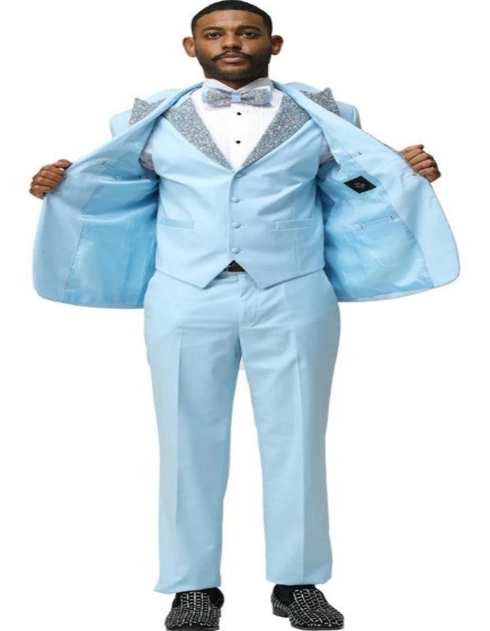 Sky Blue Prom Tuxedo - Perfect Wedding Suit Vested Rhinestone sequin Lapelled