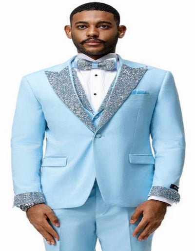 Sky Blue Prom Tuxedo - Perfect Wedding Suit Vested Rhinestone Lapelled 1   - from alligatorwarehouse.com