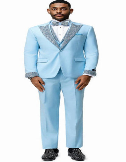 Sky Blue Prom Tuxedo - Perfect Wedding Suit Vested Rhinestone Lapelled