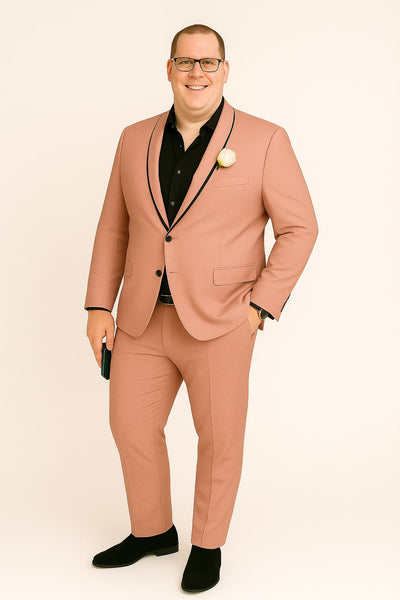 Mens Slim Fit Pink Tuxedo Suit with Black Trim – Modern Wedding and Prom Outfit in Rose Gold Blush Color 5   - from alligatorwarehouse.com