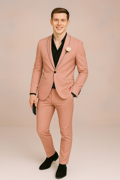Mens Slim Fit Pink Tuxedo Suit with Black Trim – Modern Wedding and Prom Outfit in Rose Gold Blush Color 4   - from alligatorwarehouse.com