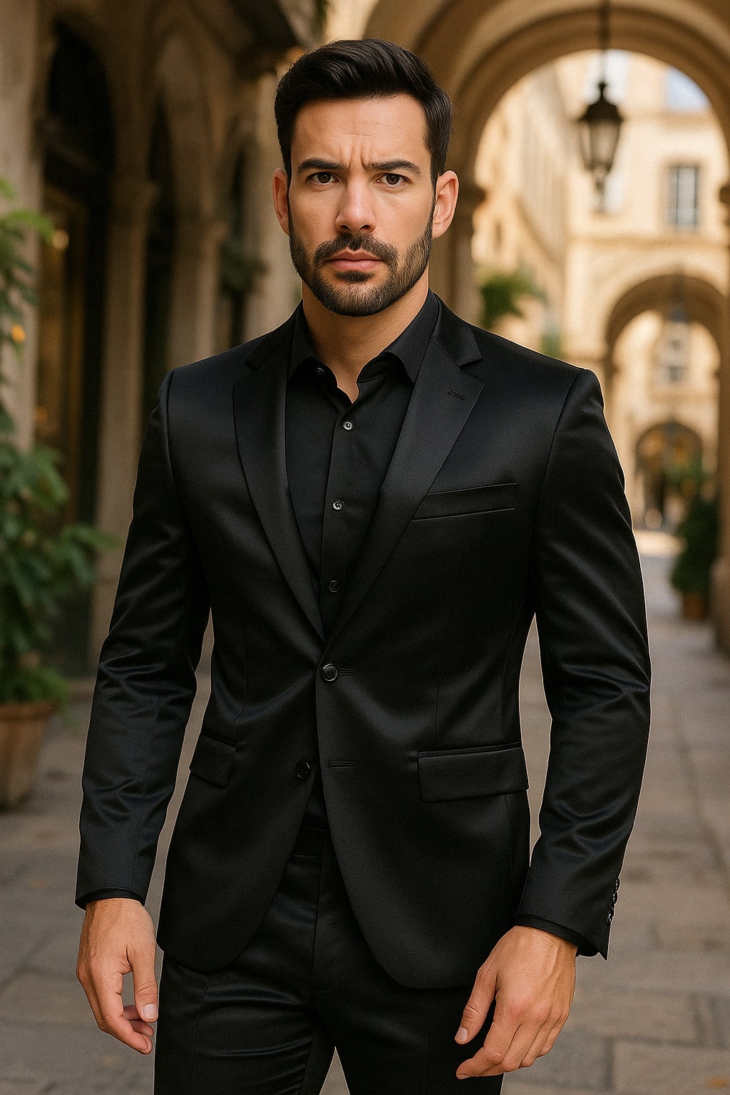 Black Satin Flex Two-Piece Suit ƒ?? Slim Fit Sport Coat and Matching Pants