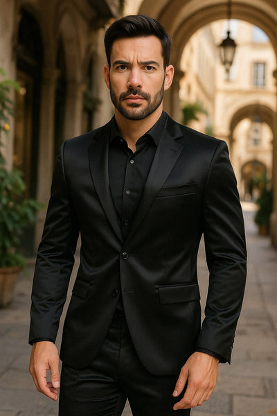 Black Satin Flex Two-Piece Suit ƒ?? Slim Fit Sport Coat and Matching Pants 3   - from alligatorwarehouse.com