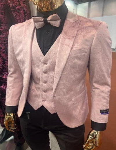 Pink Paisley Suit - Blush Color Slim Fitted Prom Suit With Bowtie Vest and Black Pants 1   - from alligatorwarehouse.com