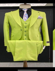 Men's Lime Green Three-Piece Suit with Floral Tie ƒ?? Slim Fit Tuxedo for Weddings & Parties