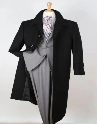Mens Black Diamond Solid Black 100% Wool Gabardine Belted Duster Overcoat 1   - from alligatorwarehouse.com
