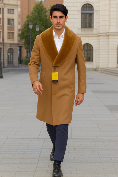 Mens Full Length And Cashmere Overcoat - Winter Topcoats - Light Brown Coat - Dark Camel - Vecuna Color 6   - from alligatorwarehouse.com