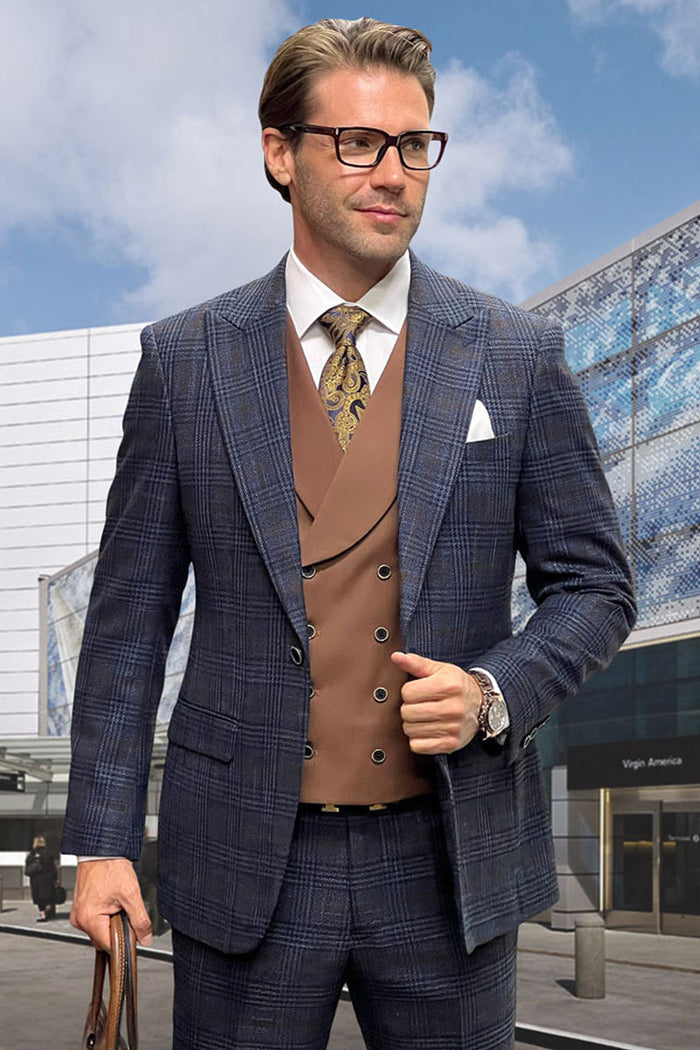Men's Designer Wool Vested Suit in Midnight Blue Glenplaid