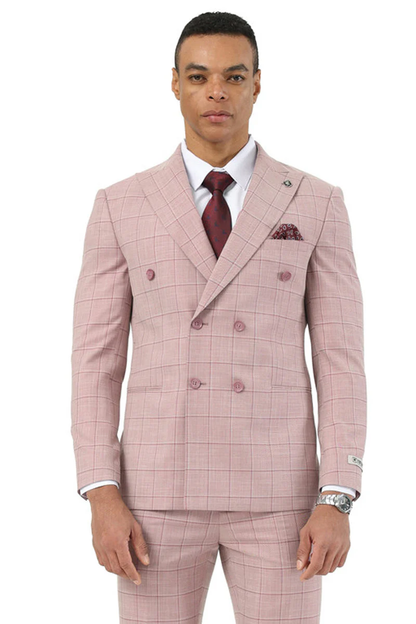 Mens Stacy Adams Double Breasted Summer Suit in Pink Windowpane Plaid