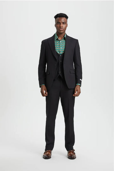 Men's Vested One Button Peak Lapel Stacy Adams Designer Suit In Black 2 G3-0550  - from alligatorwarehouse.com