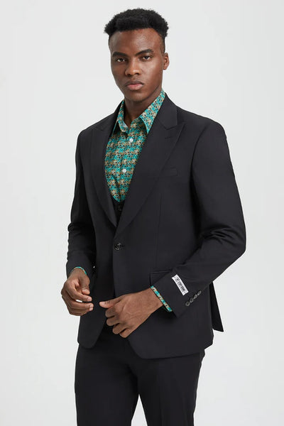 Men's Vested One Button Peak Lapel Stacy Adams Designer Suit In Black 1 G3-0550  - from alligatorwarehouse.com