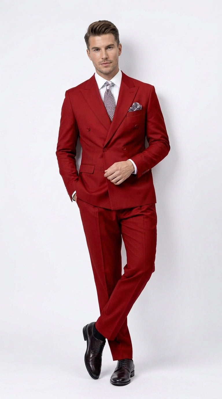 Men's Red Double Breasted Suit – Regular Fit 2-Piece Pleated Pants Wedding, Church & Formal Dress Suit